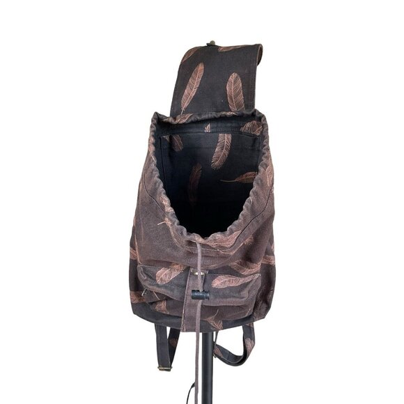 BAGGU  Black/Brown Feathers 100% Recycled Cotton Canvas Drawstring Backpack - Picture 2 of 10